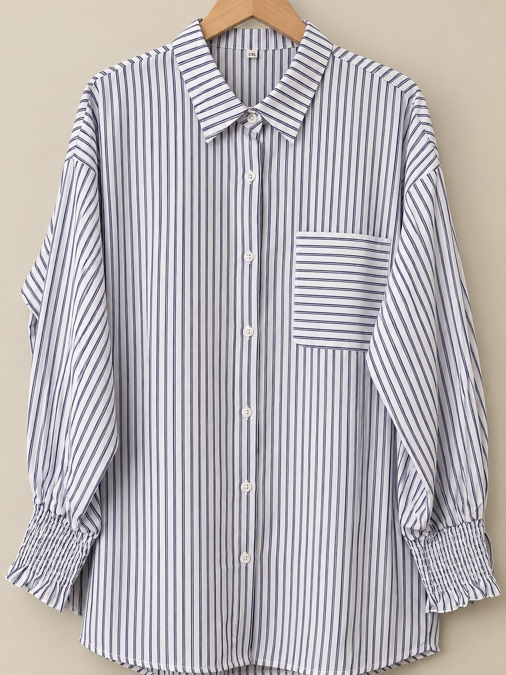 Womens Oversized Button Down Striped Smocked Cuff Long Sleeve Blouse - NWOT - Picture 5 of 8